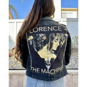 FLORENCE AND THE MACHINE Upcycled Retro Vintage Faded Black Denim Moto Jacket XS